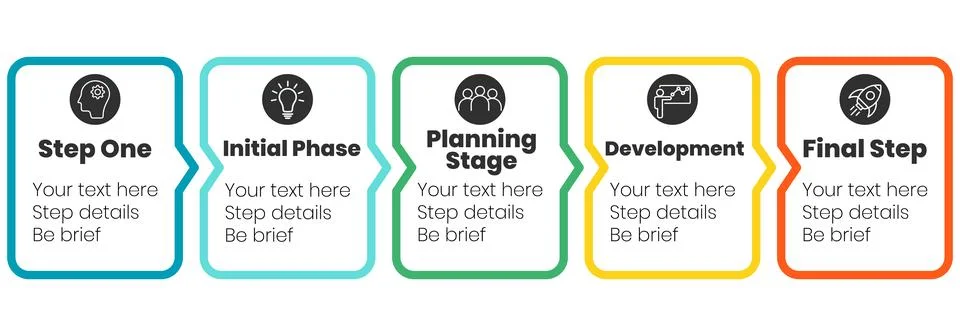 Modern 5-step process diagram with colorful outlines, black icons, and white Stock Illustration