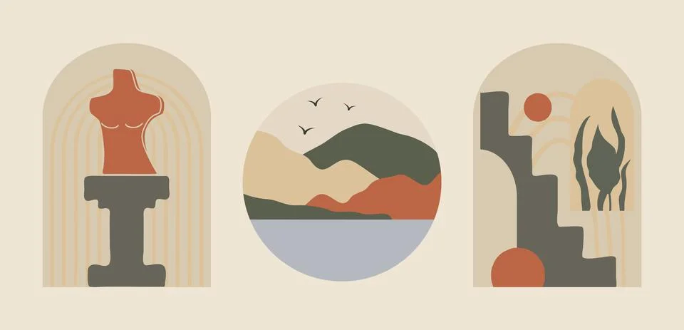 Modern abstract and landscape elements illustration set. Stock Illustration