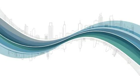 Modern abstract blue wavy lines with dynamic city skyline silhouette on whi.. Stock Illustration