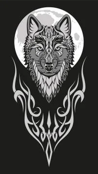 Modern abstract character gray wolf head drawing on black background. Stock Illustration