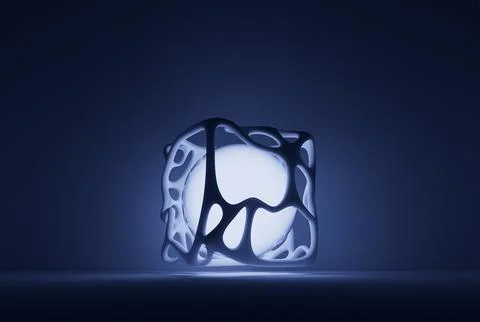 Modern Abstract Cube Structure Around Glowing Sphere of Light in Room Backgro Stock Photos