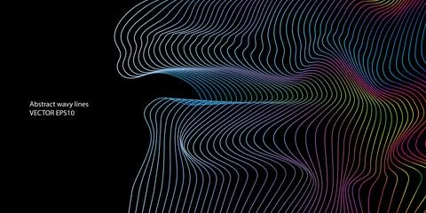 Modern abstract dark blue gradient background with blue wave lines pattern. Stock Illustration