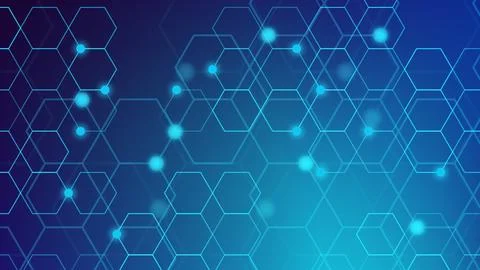 Modern abstract design featuring interconnected hexagons in shades of blue .. Stock Illustration
