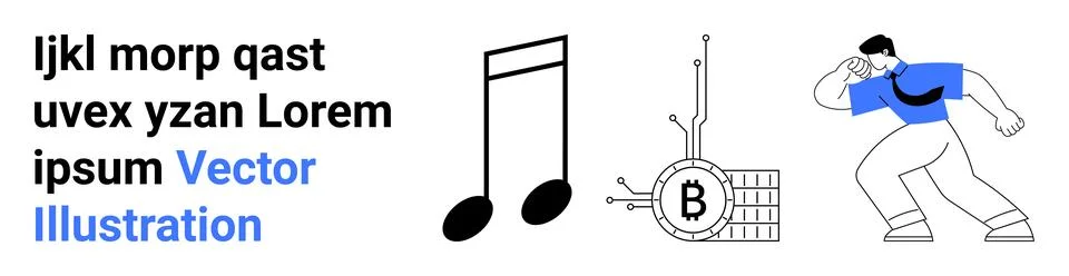 Modern Abstract Design Featuring Text, Musical Notes, Cryptocurrency, and D.. 스톡 일러스트