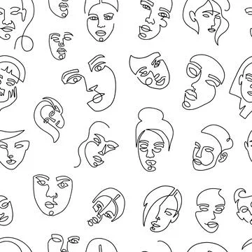 Modern abstract faces seamless pattern. Contemporary female silhouettes. Hand Stock Illustration