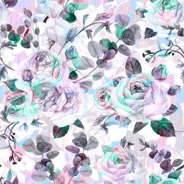 Modern abstract floral seamless pattern with black and white realistic roses and Stock Illustration