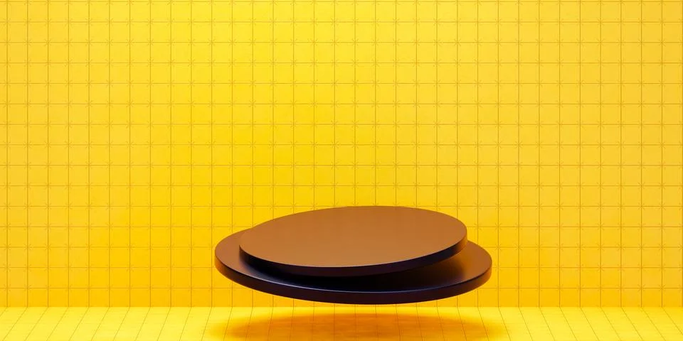 Modern abstract minimal floating double black disk podium against bright yell Stock Illustration