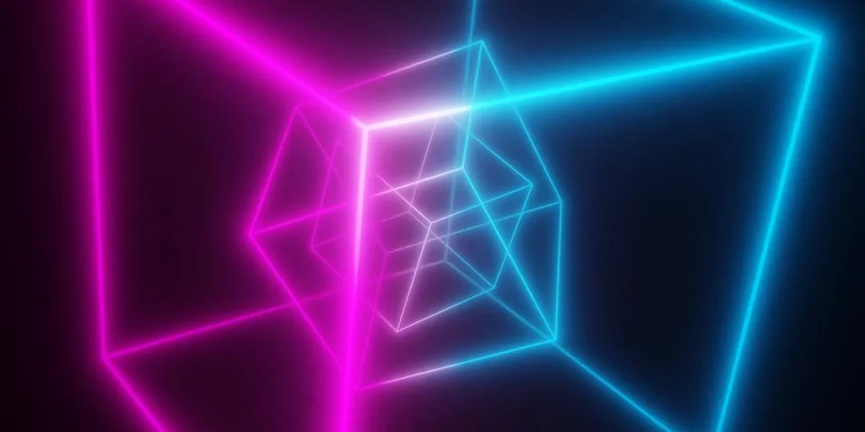 Modern, abstract multiple wireframe cube blue and pink neon light frame over  库存插图
