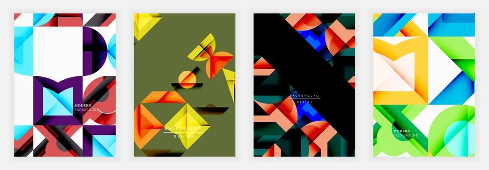 Modern abstract posters with angular geometric shapes in vibrant red, green, Illustrazione stock