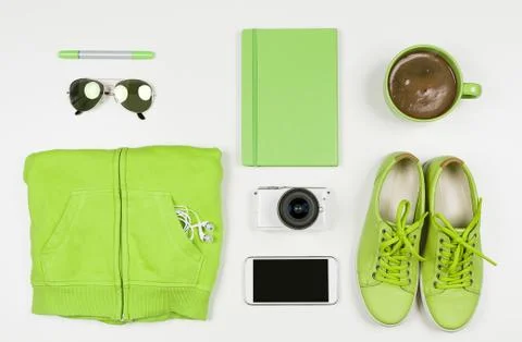 Modern Accessories Flat Lay. Greenery Color 2017 Stock Photos