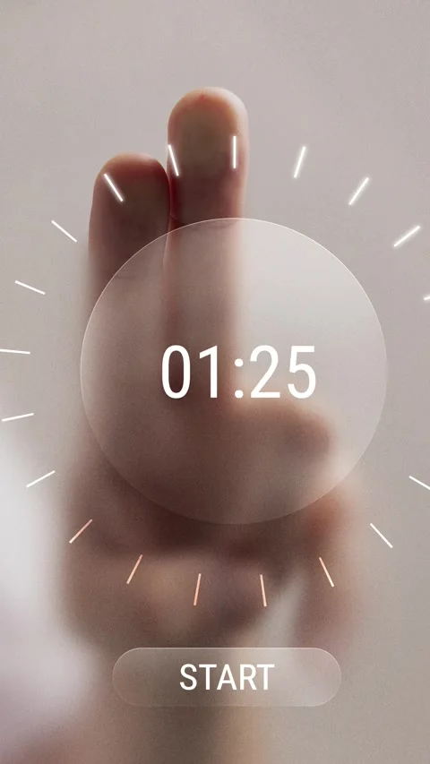 Modern ad video. Hand with two fingers pressing futuristic digital timer Stock Footage 318713740