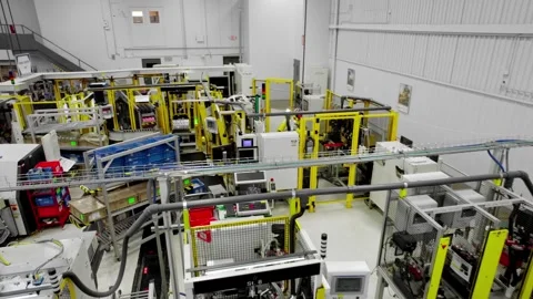Modern advanced machines in car technology factory, aerial parallax Stock-Footage 286794147