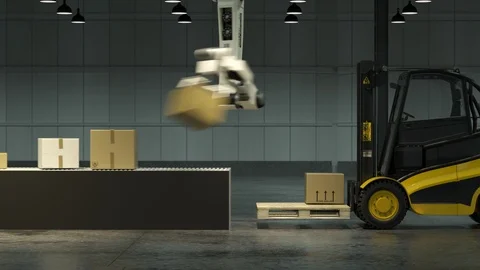 "Modern, advanced, robot arm loading and stacking cargo boxes onto a forklift. Stock Footage 94587271