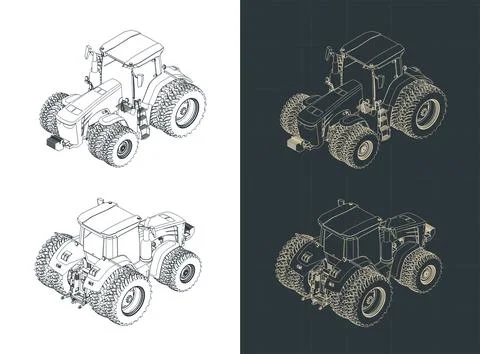 Modern agricultural tractor isometric technical drawings Stock Illustration