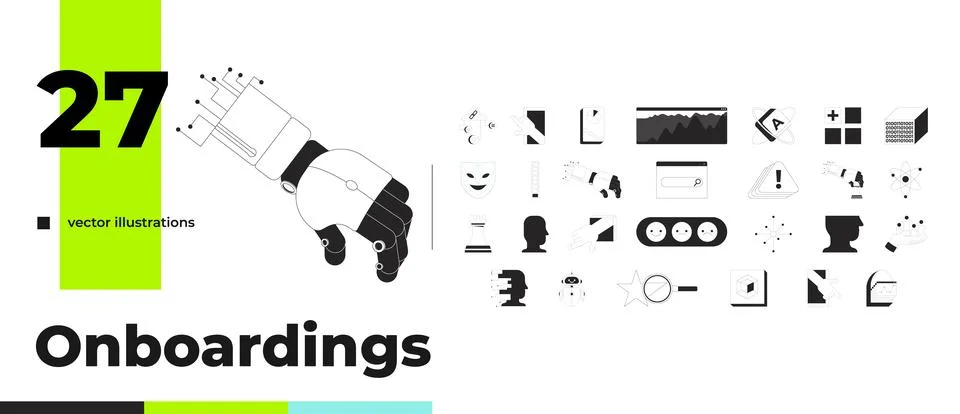 Modern AI and tech analytics outline illustrations mega bundle Illustrazione stock