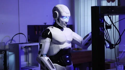 Modern AI computer machine robot worker fixing technical problem on modern three Stock Footage 153745468