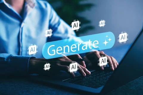 Modern AI content generation concept with user interacting on laptop, surro.. Foto stock