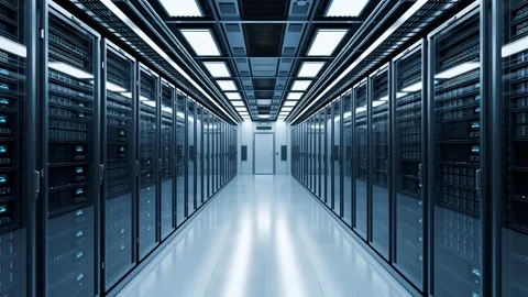 Modern AI data center server room corridor for cloud computing and artificial Stockbeeldmateriaal 347991413