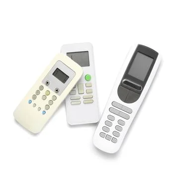 Modern air conditioner remote controls isolated on white background, top view Stock Photos