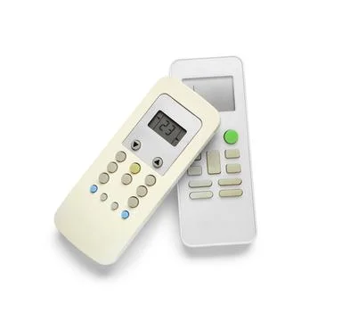 Modern air conditioner remote controls isolated on white background, top view Stock Photos