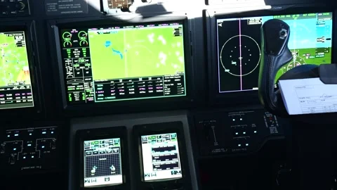 Modern aircraft cockpit multiple digital flight displays navigation maps engine Vidéo 328212247