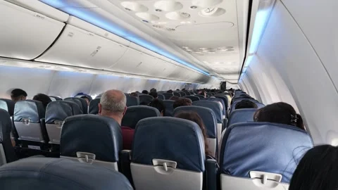 Modern airplane interior with passengers sitting. 스톡 동영상 336931691