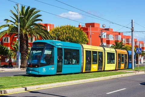 Modern Alstom Citadis 302 light rail tram on line L1 at Museo de la Ciencia.. Stock Photos