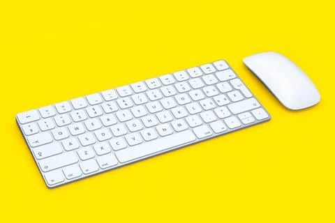Modern aluminum computer keyboard and mouse isolated on yellow background. Stock Illustration