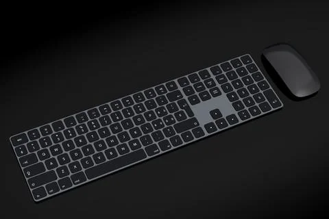 Modern aluminum computer keyboard and mouse isolated on black background. Stock Illustration