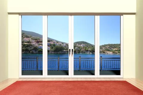 Modern aluminum window with beautiful view Ilustración de archivo