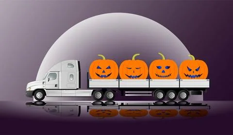 A modern American road train transporting Halloween pumpkins against the back Stock Illustration
