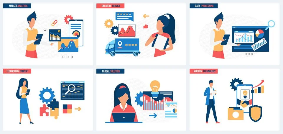 Modern analytics of global solutions planning, market data processing, delivery Stock Illustration