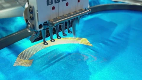 Modern and automatic high technology embroidery machine for textile or clothing Stock Footage 221440656