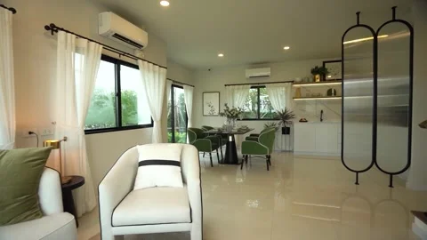 Modern and Chic Grey and Green Open Plan Home Interior Design Stock Footage 250608787
