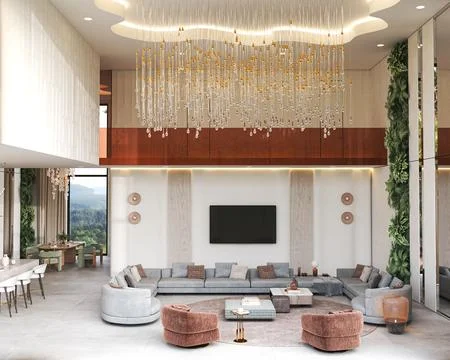 Modern and elegantly designed living room that features luxurious decor and chic Illustrazione stock