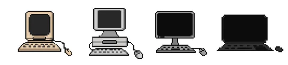 Modern and pixel retro computers set. Evolution of pc from old portable device 스톡 일러스트
