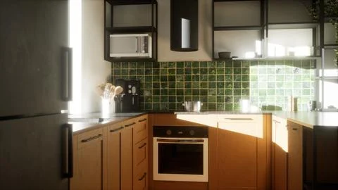 A modern and spacious kitchen. 3D render Stock Illustration