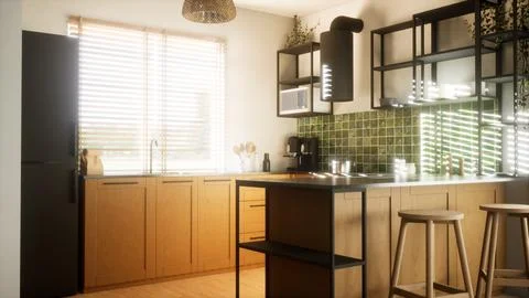 A modern and spacious kitchen. 3D render Stock Illustration
