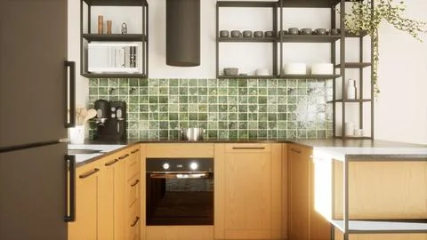 A modern and spacious kitchen. 3D render Illustrazione stock