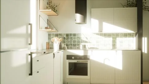 A modern and spacious kitchen. 3D render Stock Illustration