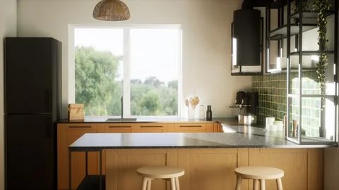 A modern and spacious kitchen. 3D render Illustrazione stock