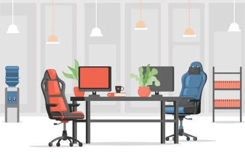 Modern and stylish workplace vector flat design. Red and blue armchairs or Stock Illustration