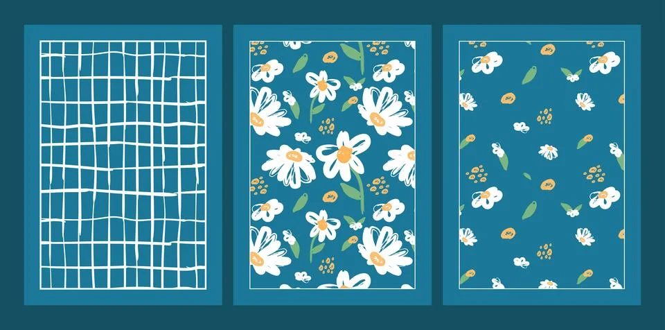 A modern and trendy pattern featuring abstract chamomiles in a variety of c.. Stock Illustration