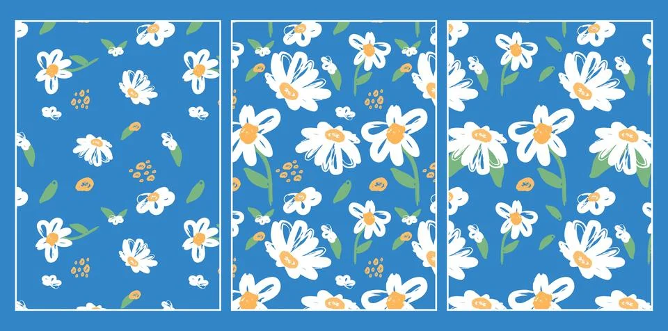 A modern and trendy pattern featuring abstract chamomiles in a variety of c.. Stock Illustration