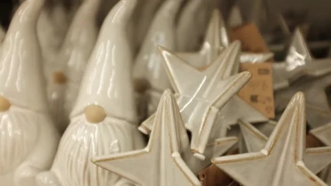 Modern and trendy white ceramic Christmas ornaments. Traditional Xmas tree Stock Footage 320971348