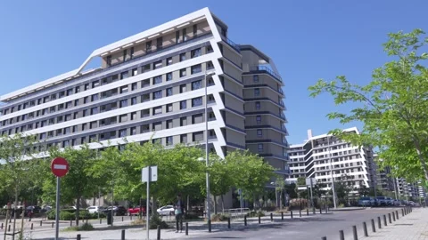 Modern angular apartment building facade in Madrid Video stock 335484921