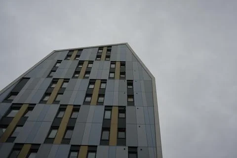 Modern Angular Building Facade In Nottingham, England, Under Grey Sky Stock Photos