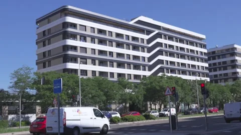 Modern apartment building with geometric zigzag facade in Madrid Stock Footage 335484903