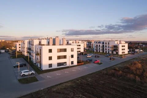 Modern Apartment Complex at Sunset Stock Photos