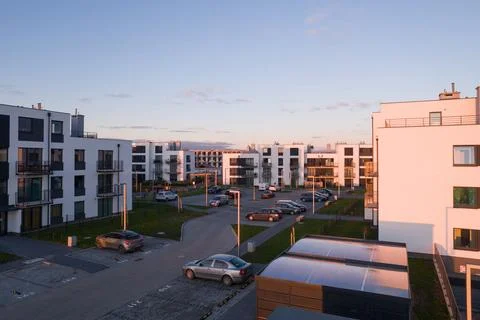 Modern Apartment Complex at Sunset Stock Photos